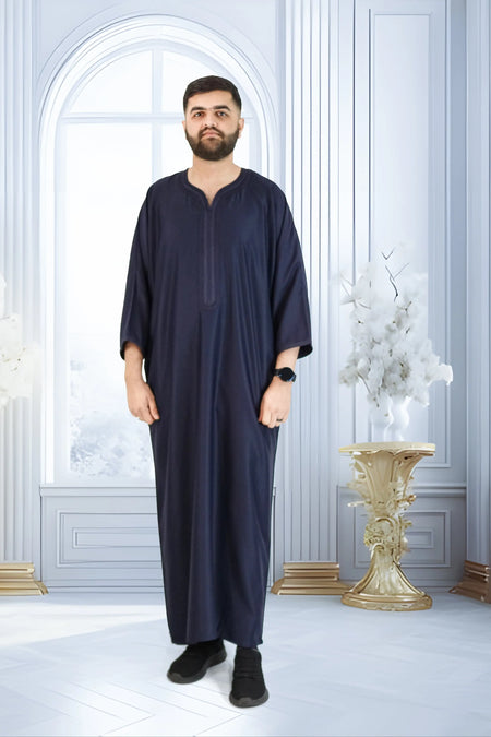 Moroccan Gabardine Short Sleeve Thobe - Navy - almanaar Islamic Store