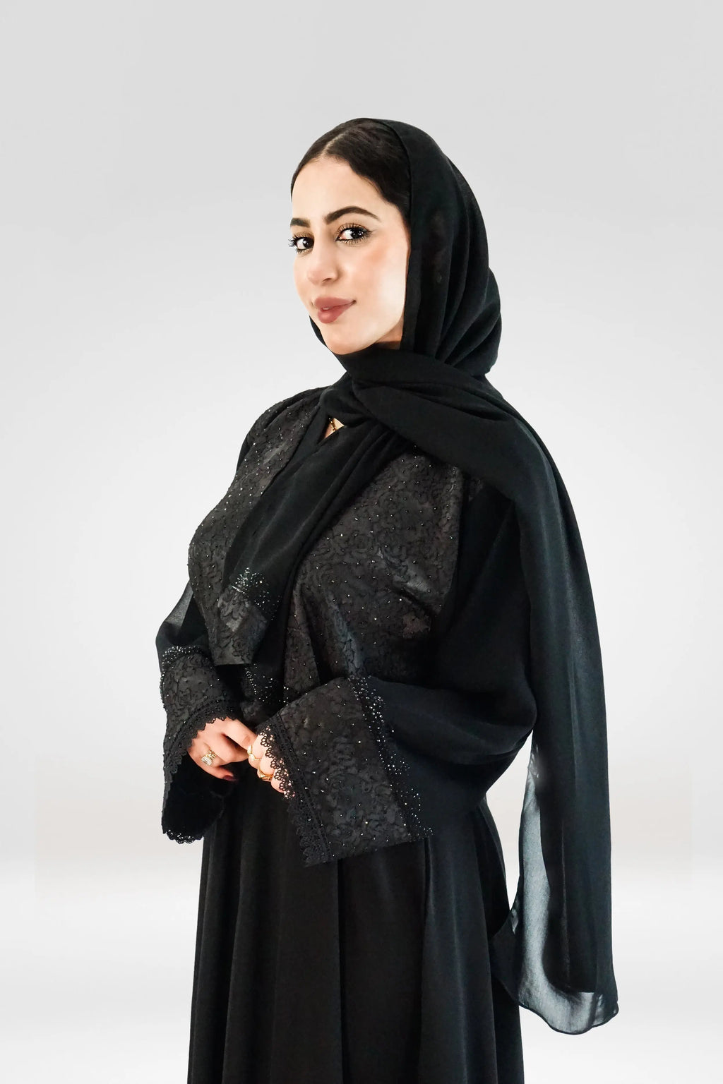 Black Umbrella Abaya with Stone Embellishments - almanaar Islamic Store