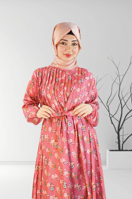 Satin Floral Printed Long Dress with belt | Almanaar Islamic Store