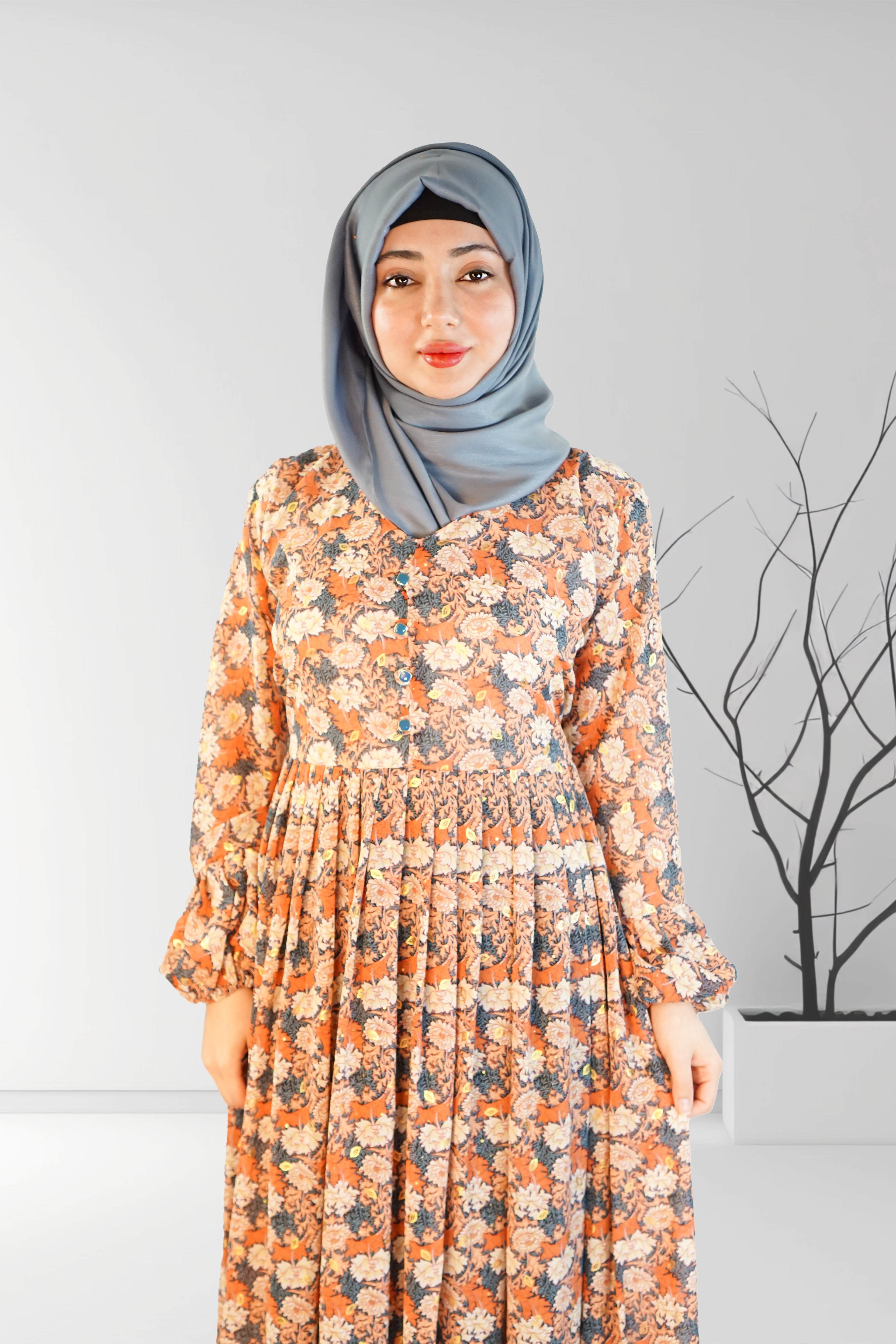 Floral Printed Long Pleated Dress | Almanaar Islamic Store