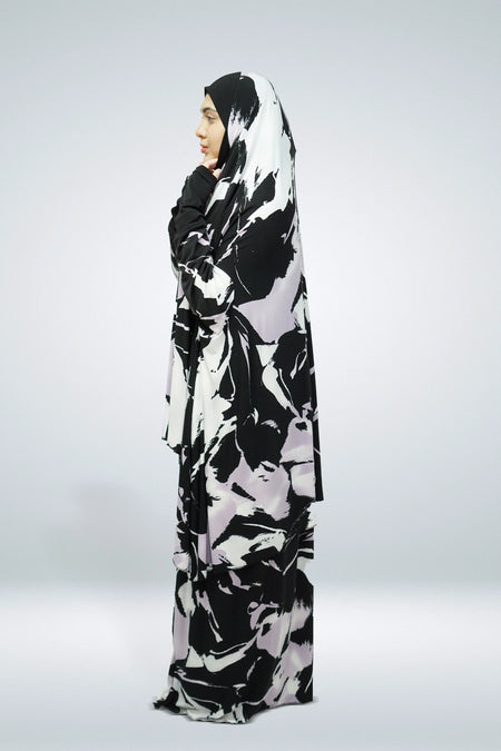 Two Piece Jersey Material Printed Prayer Dress Black - almanaar Islamic Store