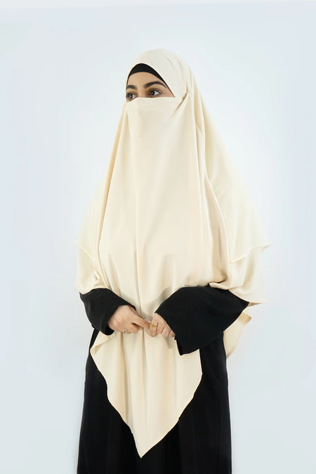 Elegant 2-Layer Khimar – Modina Silk & Chiffon Beige almanaar Islamic Store