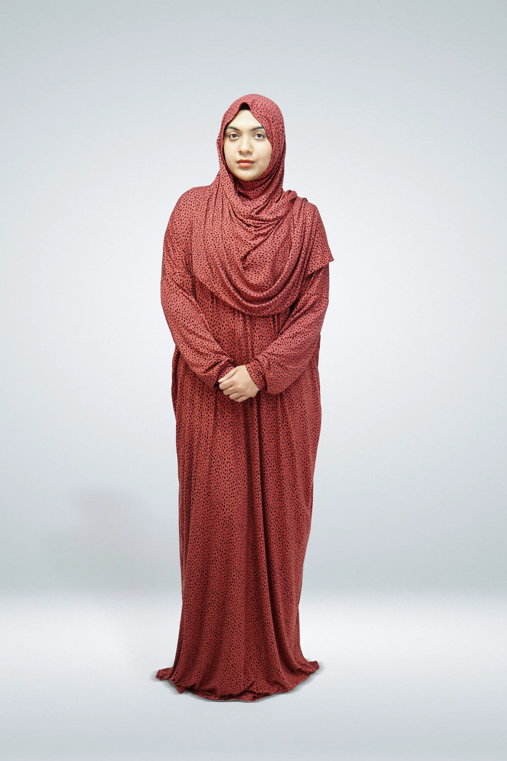 One Piece Jersey Material Printed Prayer Dress Red - almanaar Islamic Store