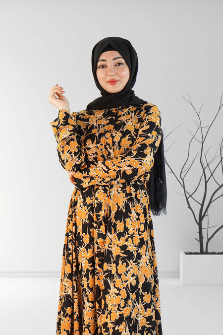 Printed Floral Long Dress Black and Mustard | Almanaar Islamic Store