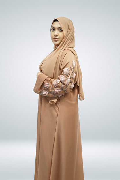 Nude Open Abaya with Belt and Intricate Sleeve Work