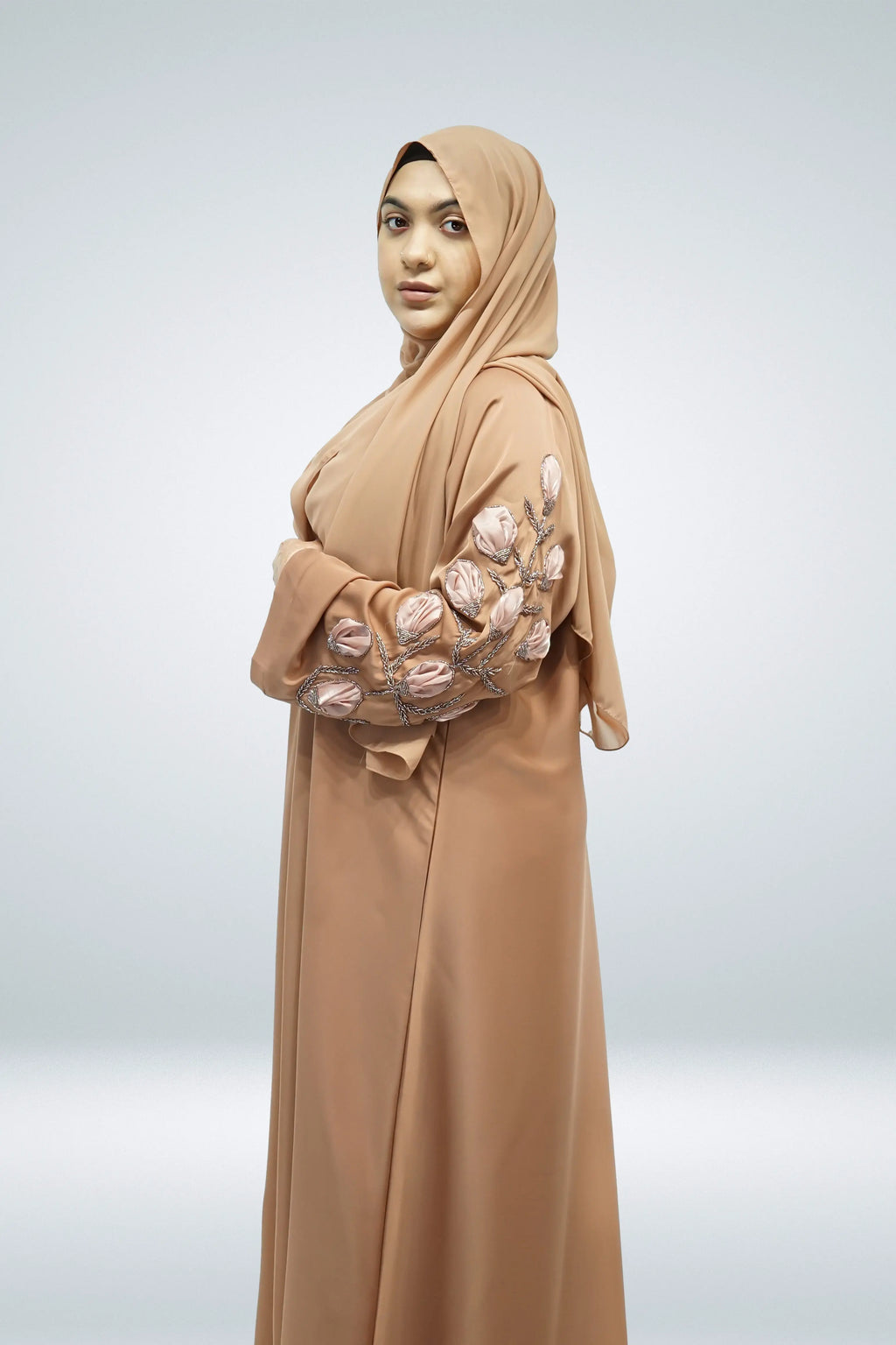 Nude Open Abaya with Belt and Intricate Sleeve Work - almanaar Islamic Store