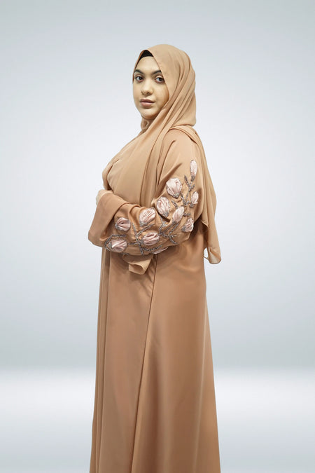 Nude Open Abaya with Belt and Intricate Sleeve Work - almanaar Islamic Store