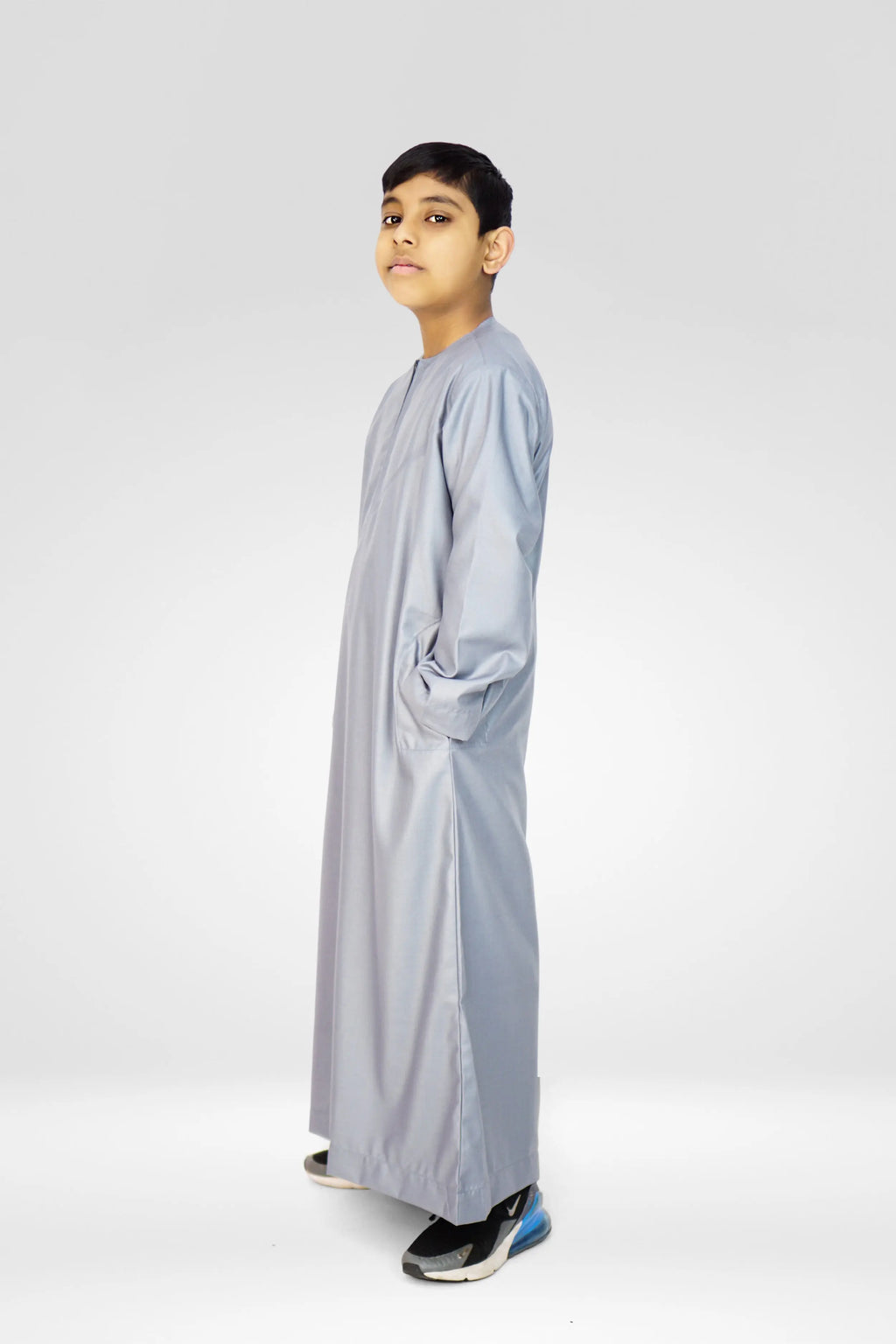 Omani Style Collarless Kids’ Thobe with Zip – Grey - almanaar Islamic Store