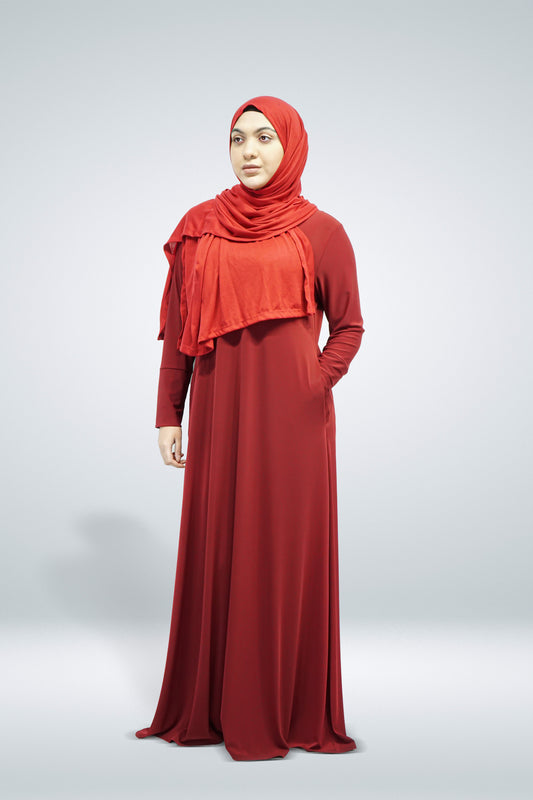 Maroon Plain Jersey Abaya With Pocket