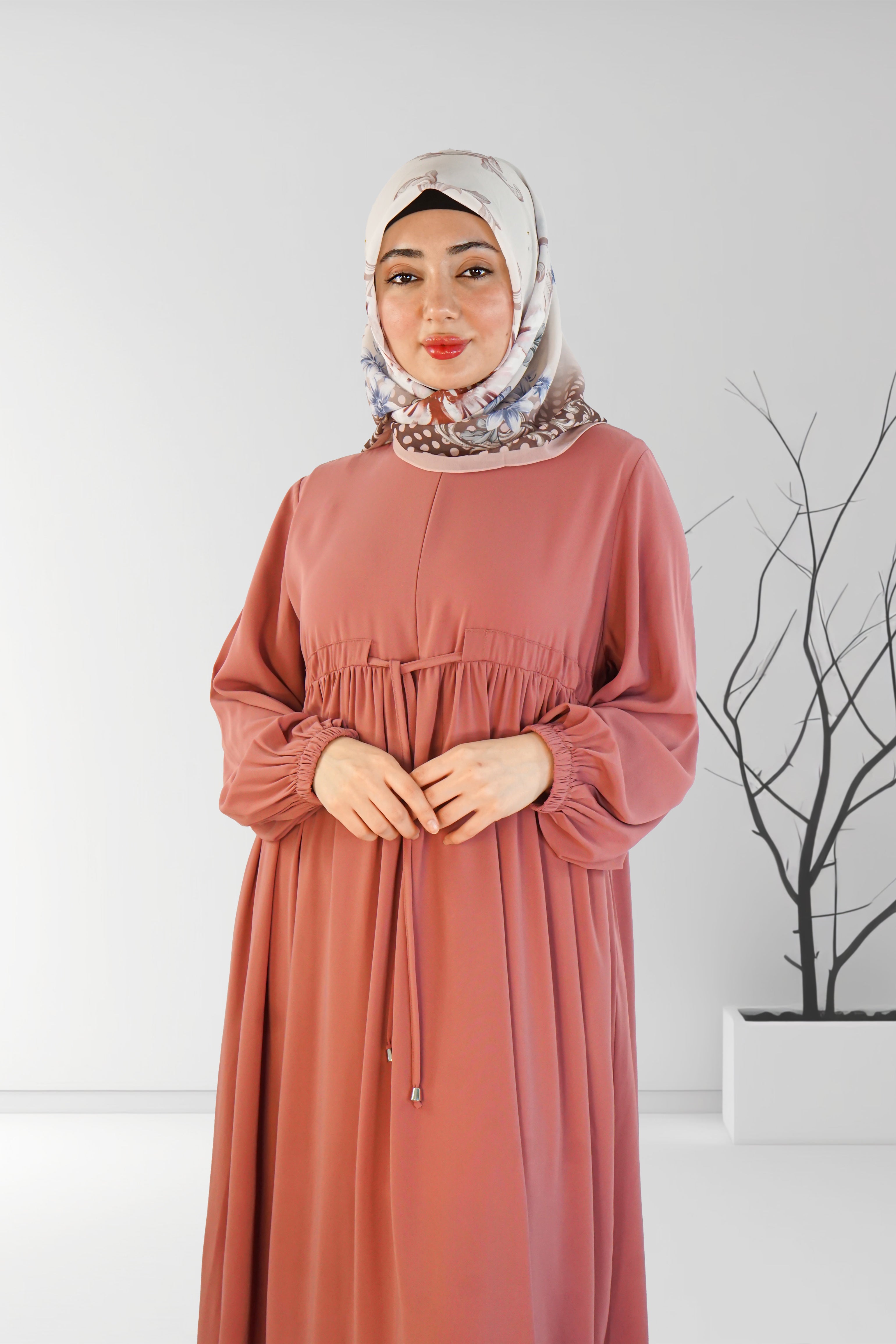 Long Summer Dress with Belt Light Peach | Almanaar Islamic Store