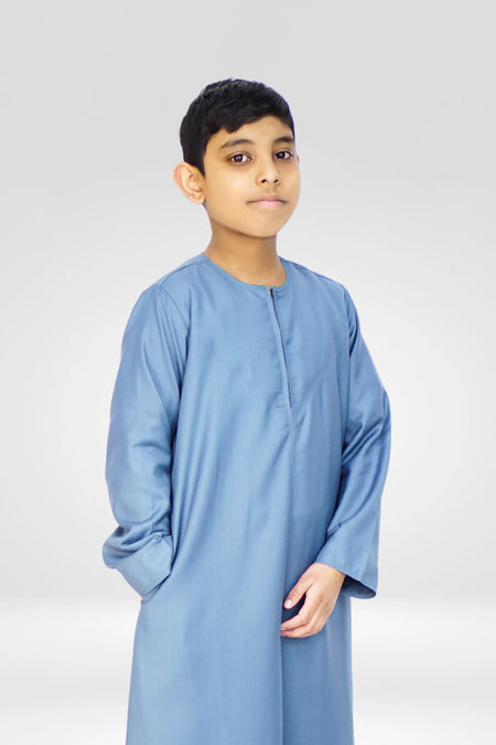 Omani Style Collarless Kids’ Thobe with Zip – Sky Blue - almanaar Islamic Store