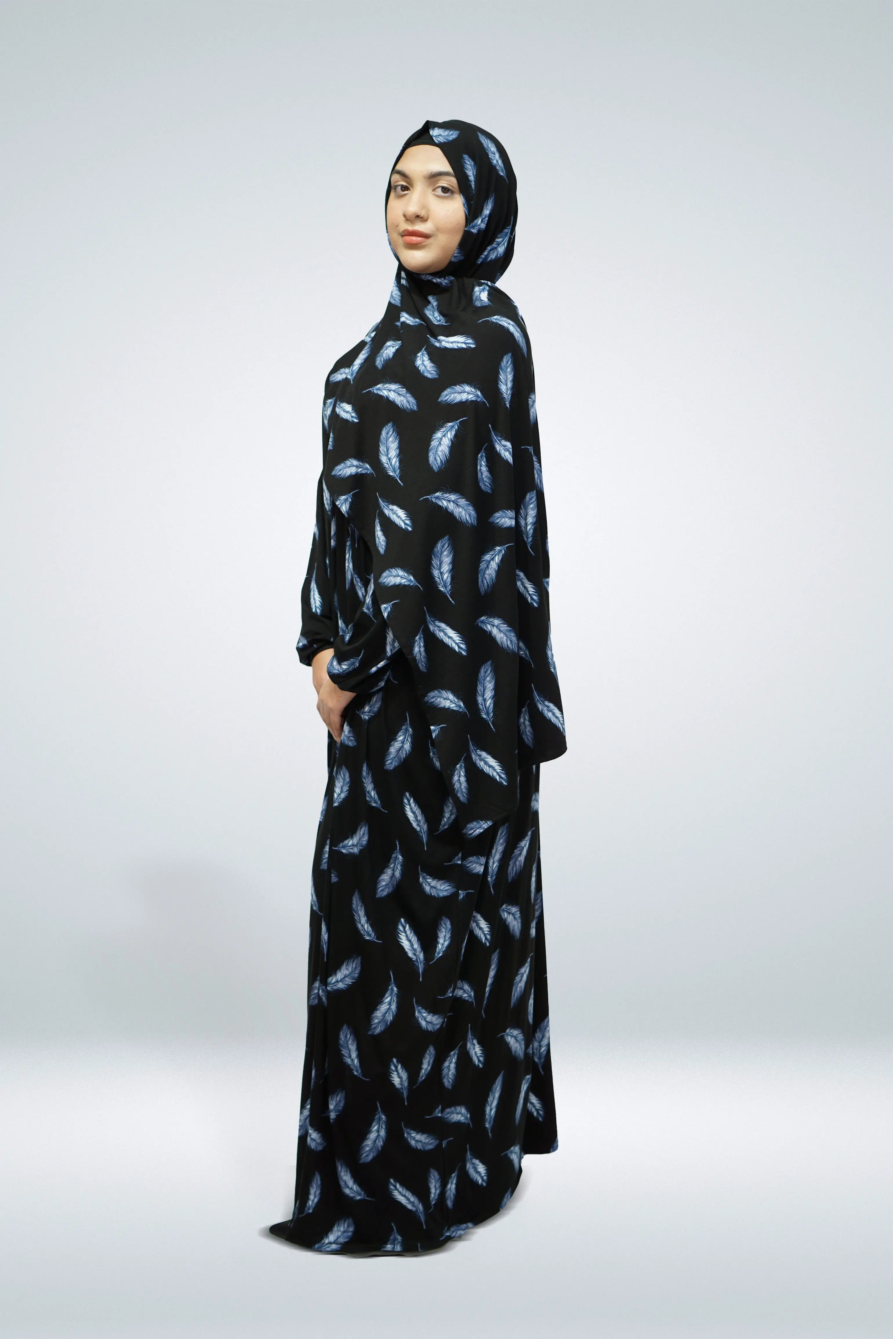 One Piece Jersey Material Printed Prayer Dress Black - almanaar Islamic Store