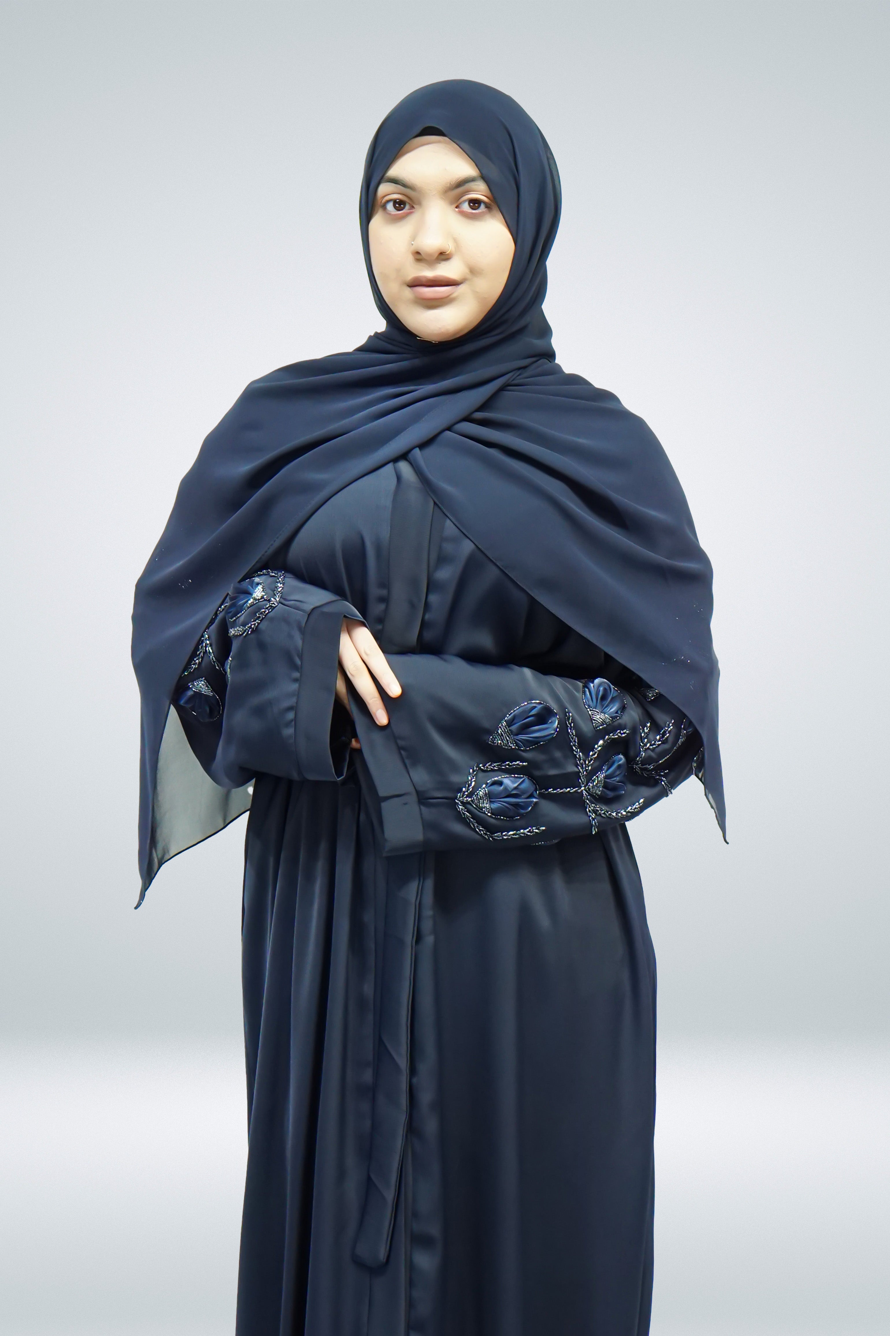 Navy Open Abaya with Belt and Intricate Sleeve Work - almanaar Islamic Store