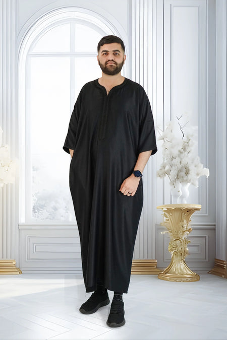 Moroccan Gabardine Short Sleeve Thobe - Black - almanaar Islamic Store