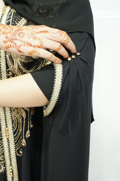 Black Chiffon Farasha Abaya with Zari and Stone Embellishments