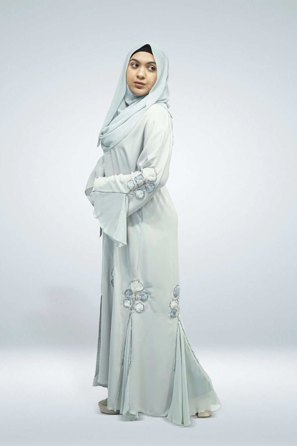 Light Blue Open Abaya with Flower Bead Embellishments - almanaar Islamic Store