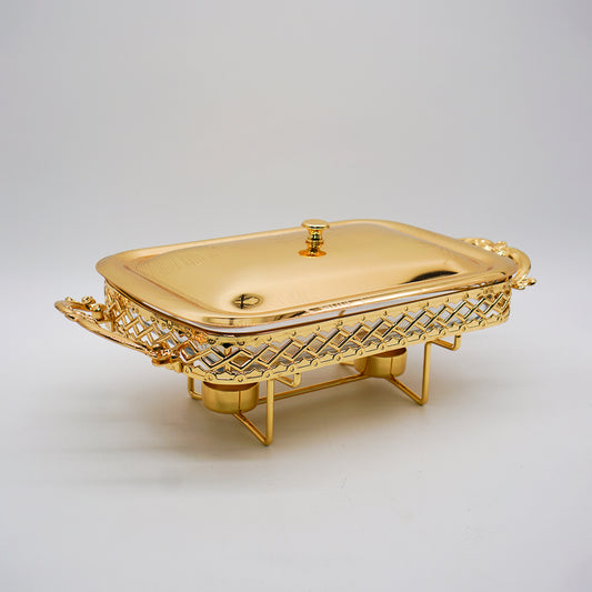 Luxury Golden Square Dish, Food Warmer, Stainless Steel Glass Serving Dish, Buffet Hot Pot Chafing Dish