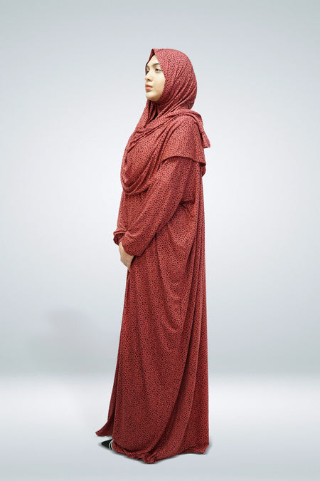 One Piece Jersey Material Printed Prayer Dress Red - almanaar Islamic Store