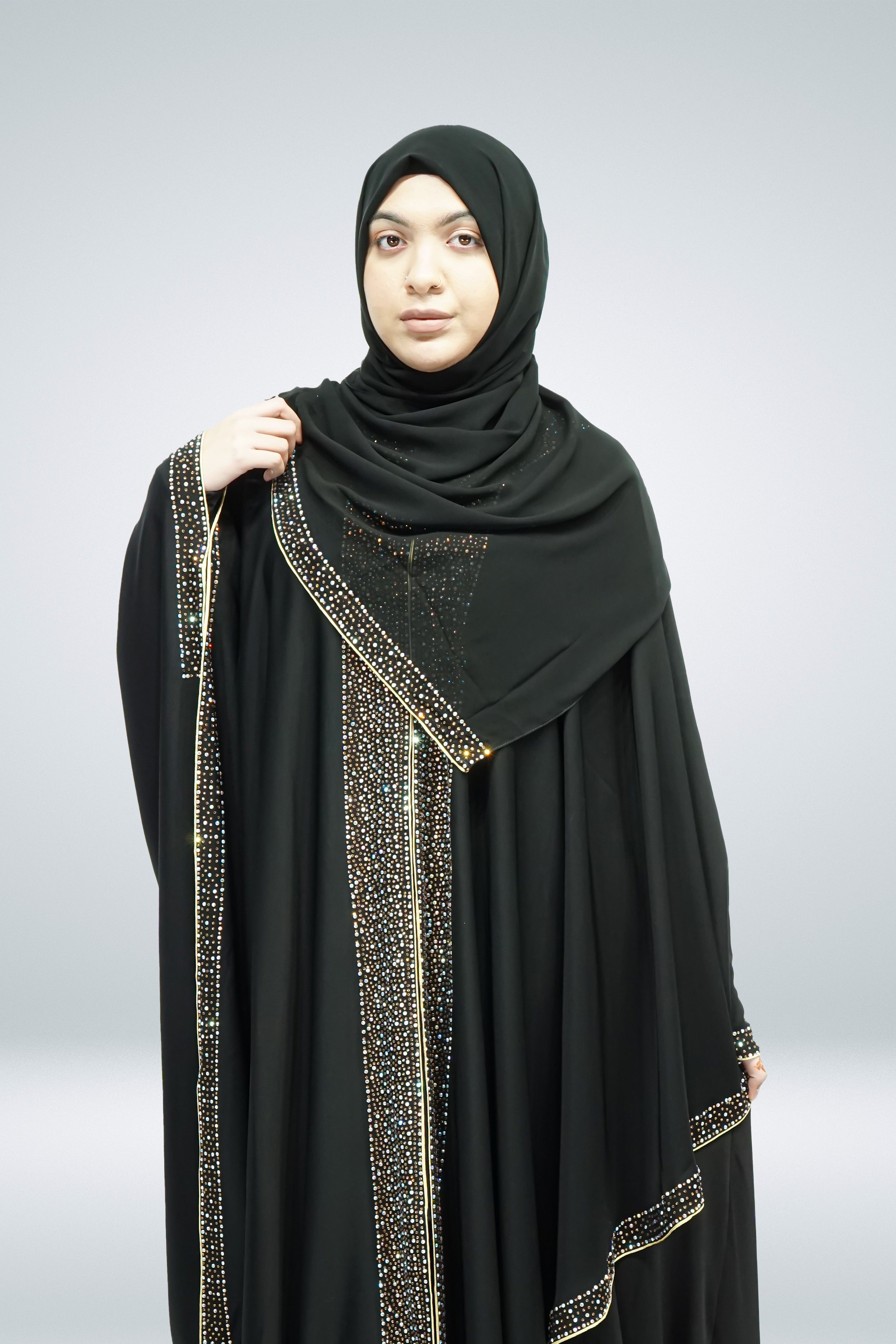 Black Open Farasha with Heavy Stone Work Border - almanaar Islamic Store