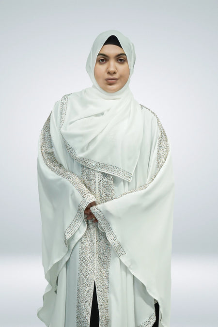 White Open Farasha with Heavy Stone Work Border - almanaar Islamic Store