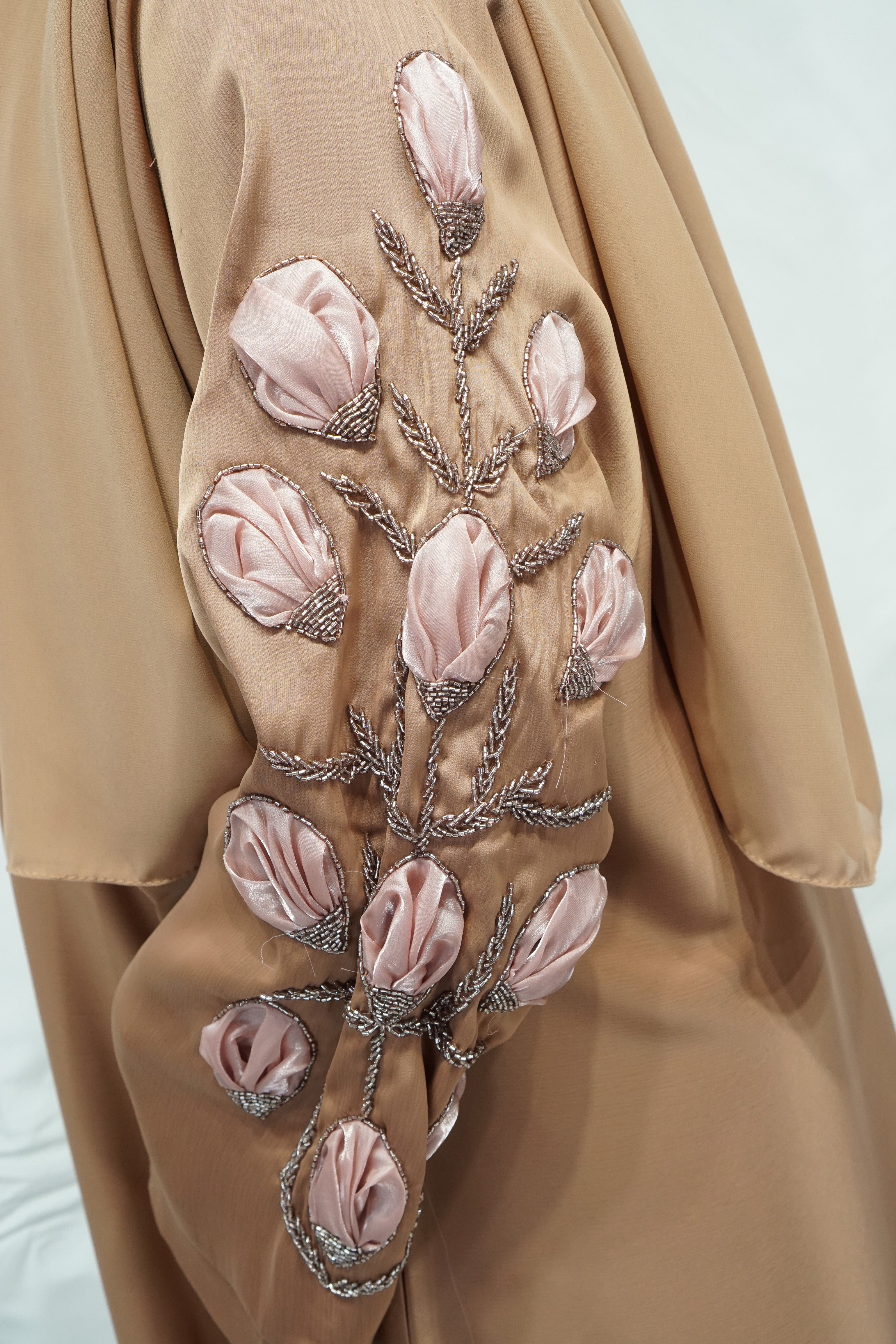 Nude Open Abaya with Belt and Intricate Sleeve Work - almanaar Islamic Store