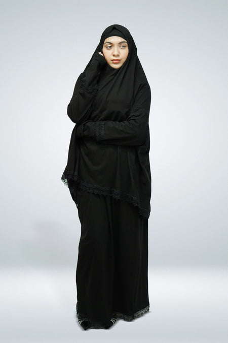 Two-Piece Prayer Cloth Set with Lace Black - almanaar Islamic Store