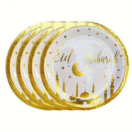 Eid Mubarak Gold Foil Stamped Paper Plates – 9 Inch (10-Pcs Set) almanaar Islamic Store