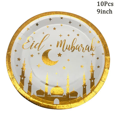 Eid Mubarak Gold Foil Stamped Paper Plates – 9 Inch (10-Pcs Set) almanaar Islamic Store