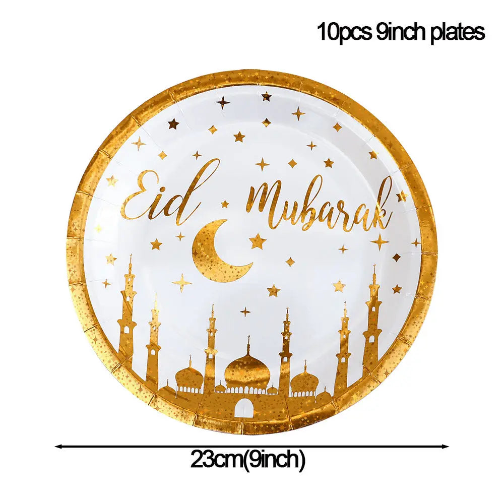 Eid Mubarak Gold Foil Stamped Paper Plates – 9 Inch (10-Pcs Set) almanaar Islamic Store