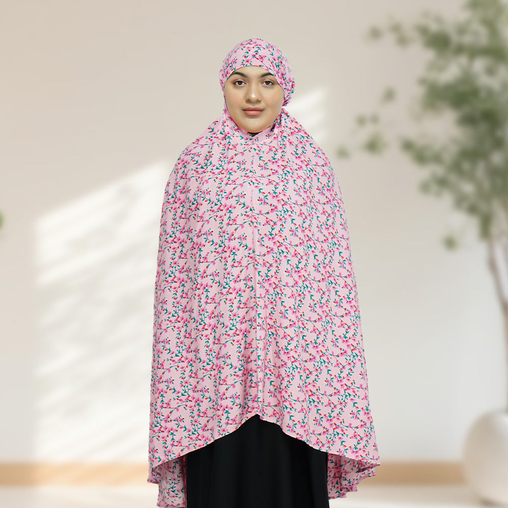 100% Cotton Floral Print Prayer Hijab Pink - almanaar Islamic Store