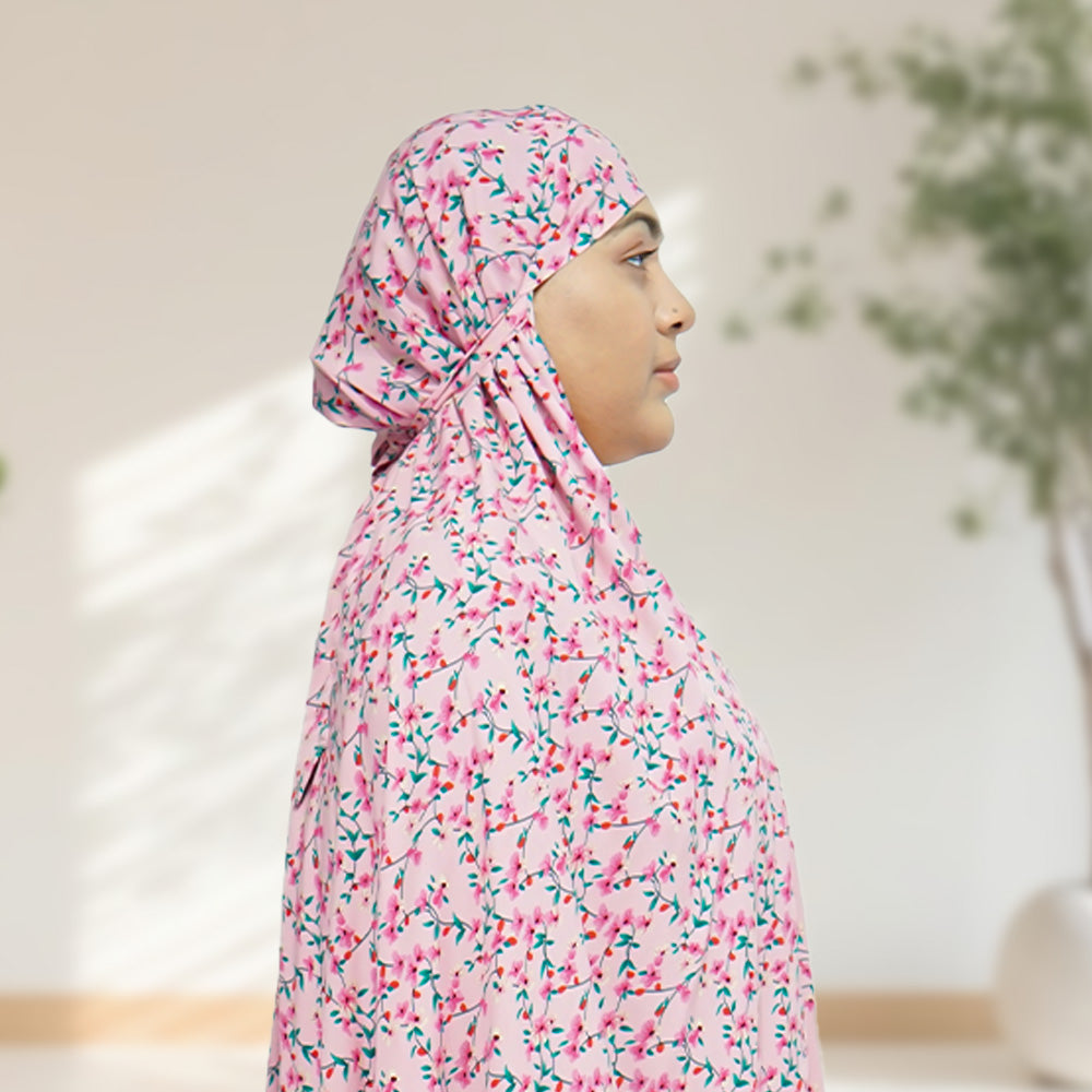 100% Cotton Floral Print Prayer Hijab Pink - almanaar Islamic Store