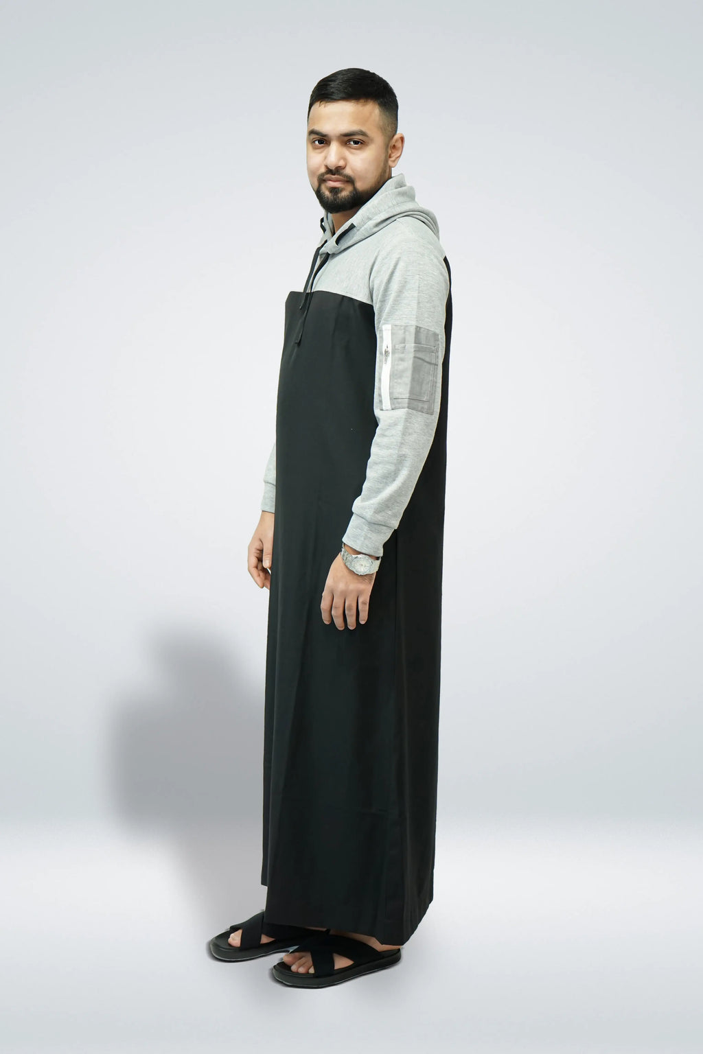 Black & Grey Hoodie Thobe with Side Arm Zip Pocket - almanaar Islamic Store