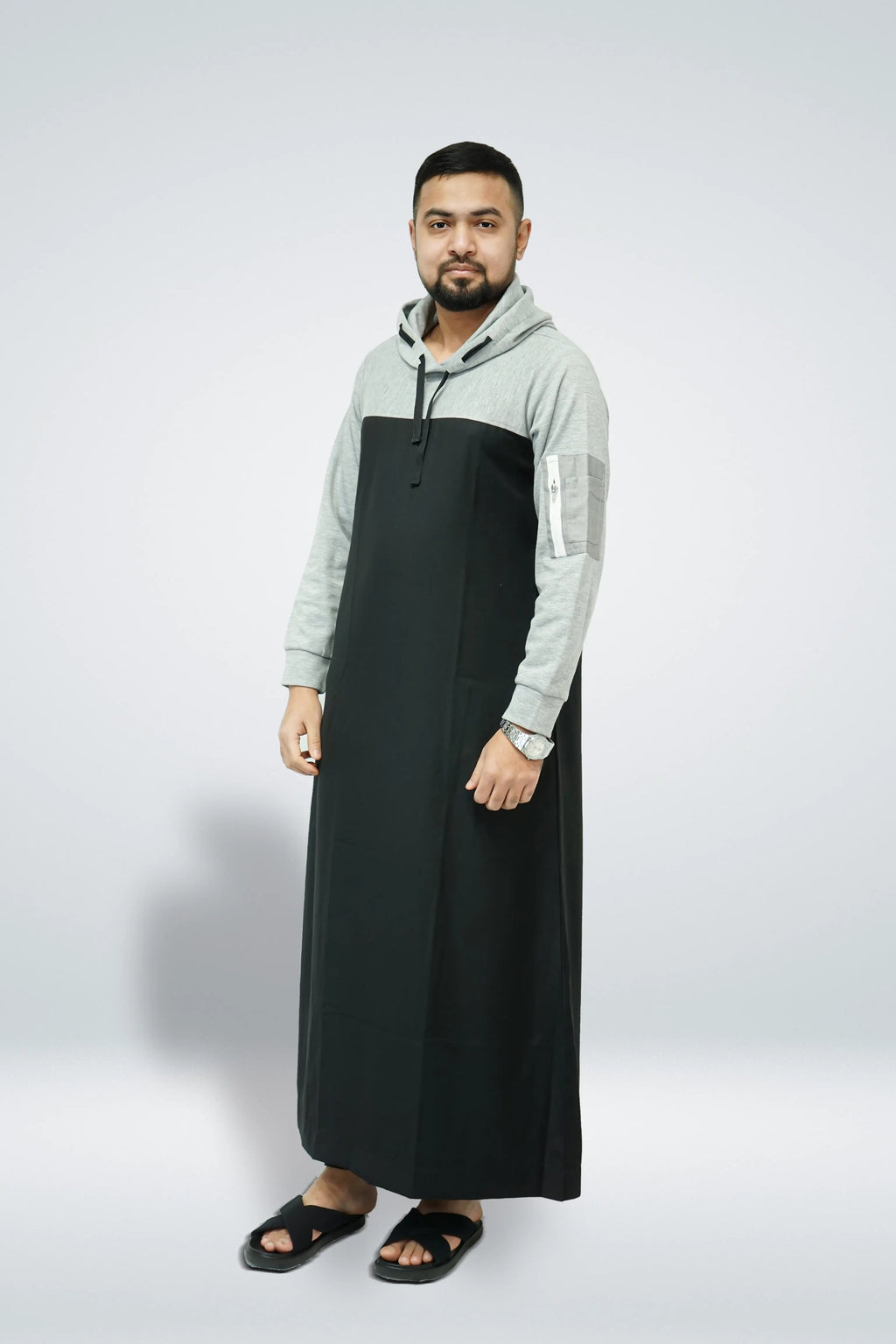 Black & Grey Hoodie Thobe with Side Arm Zip Pocket - almanaar Islamic Store