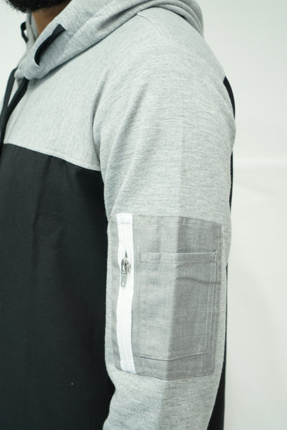 Black & Grey Hoodie Thobe with Side Arm Zip Pocket
