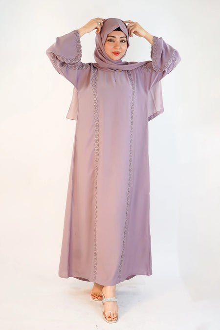 Flower Lace One Button Luxury Abaya Lilac | Almanaar Islamic Store