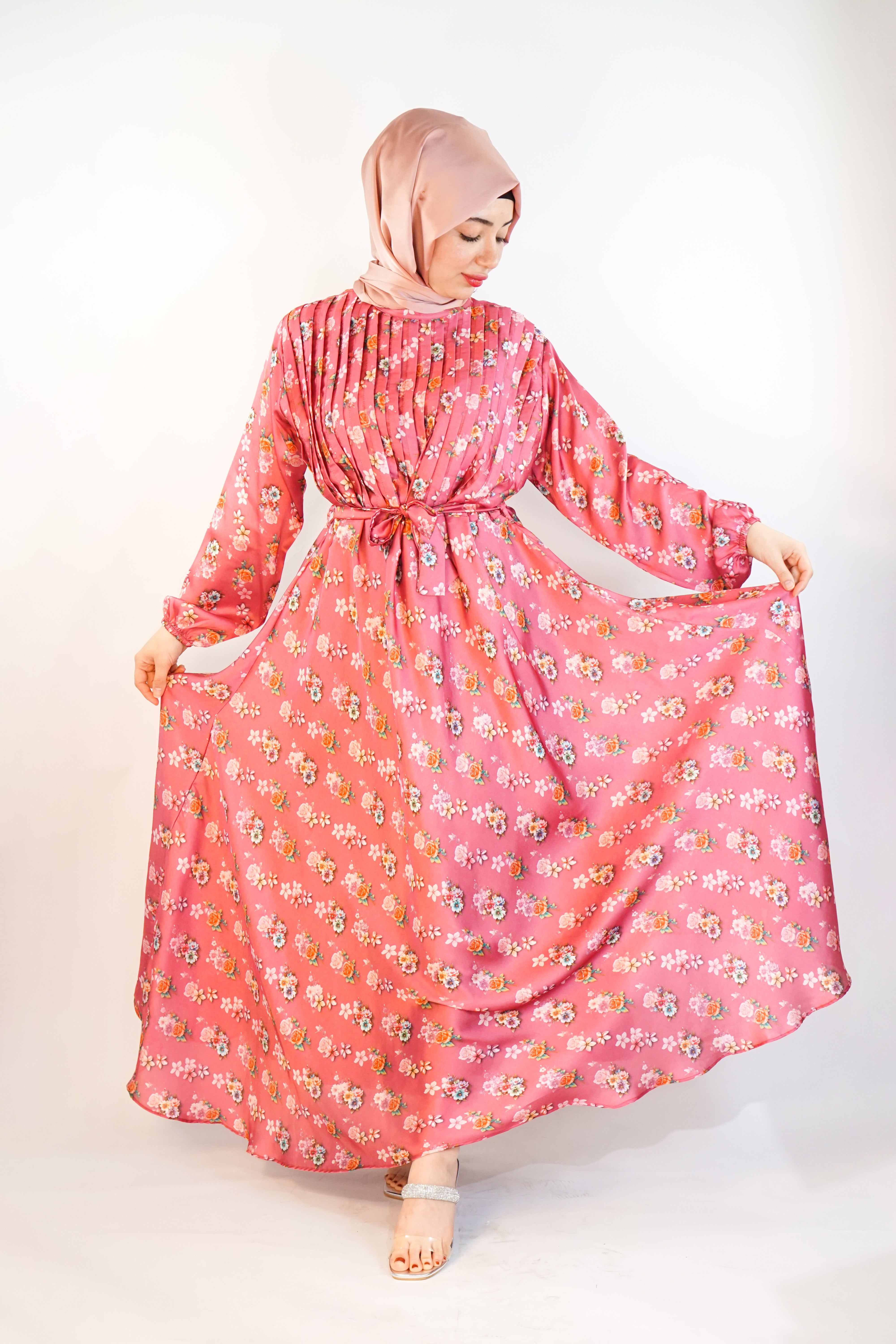 Satin Floral Printed Long Dress with belt | Almanaar Islamic Store