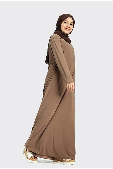 Plain Jersey Abaya Girls Caramel - almanaar Islamic Store