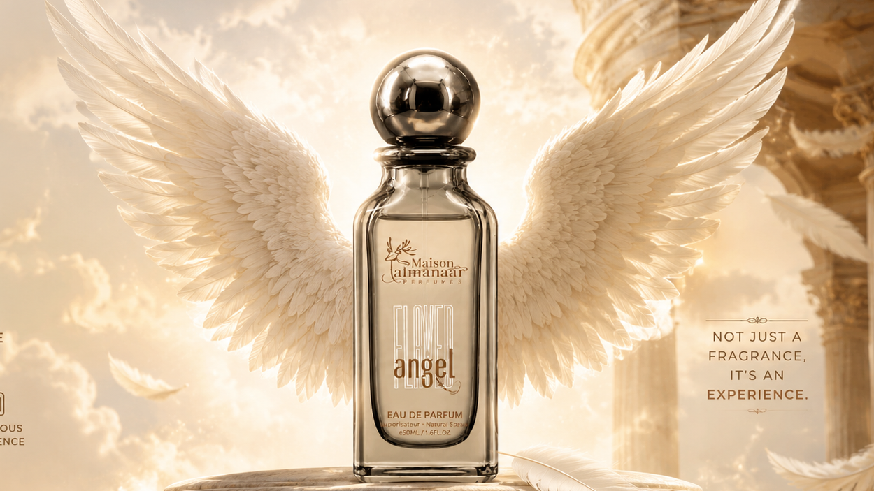 Maison Almanaar Flaved Angel perfume bottle displayed on a pedestal with large angel wings and a cloudy golden background. The bottle is clear glass with a silver-toned spherical cap and a gold label reading 'angel'. 