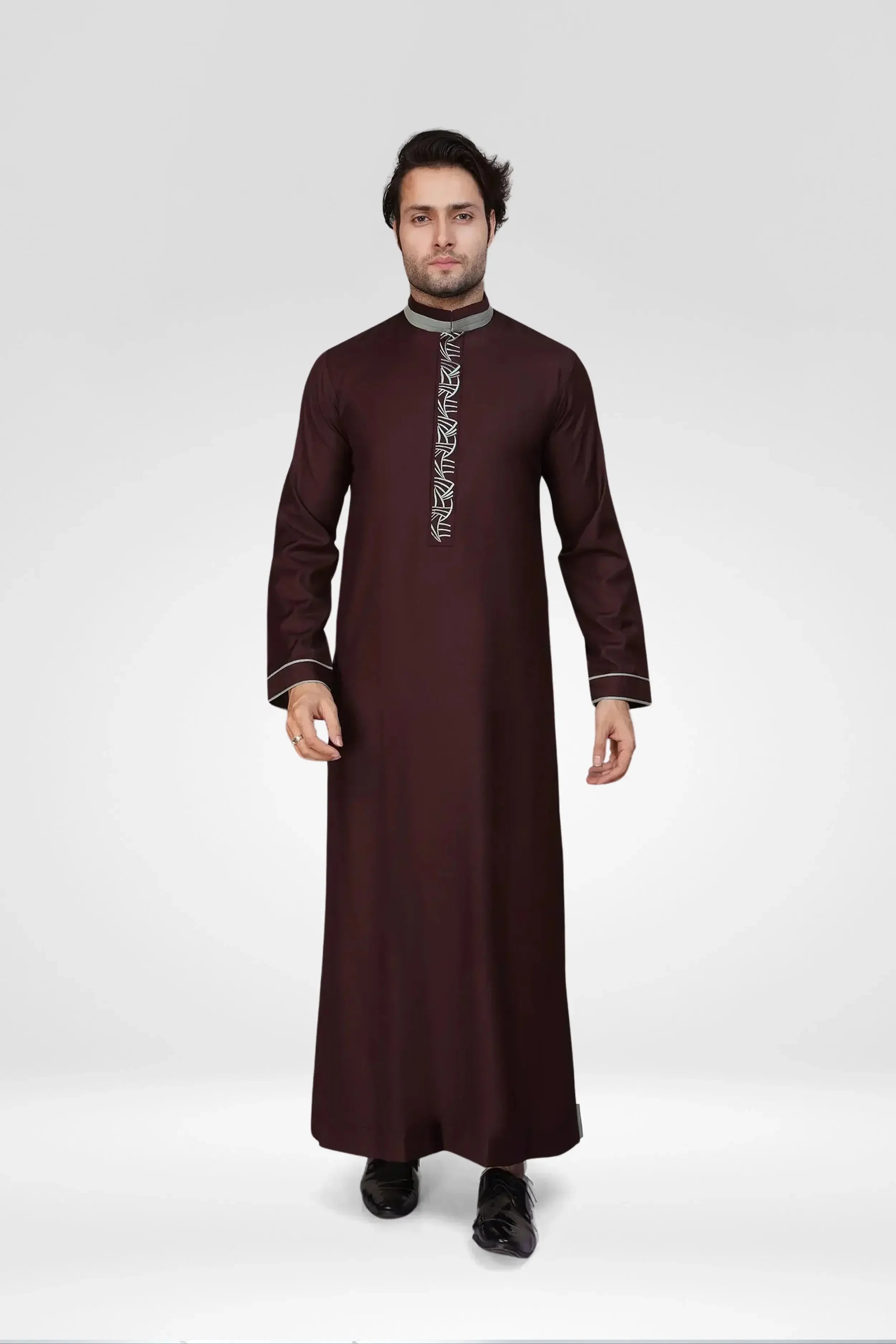 Burgundy Luxury Thobe With Collar & Grey Embroidery - almanaar Islamic Store