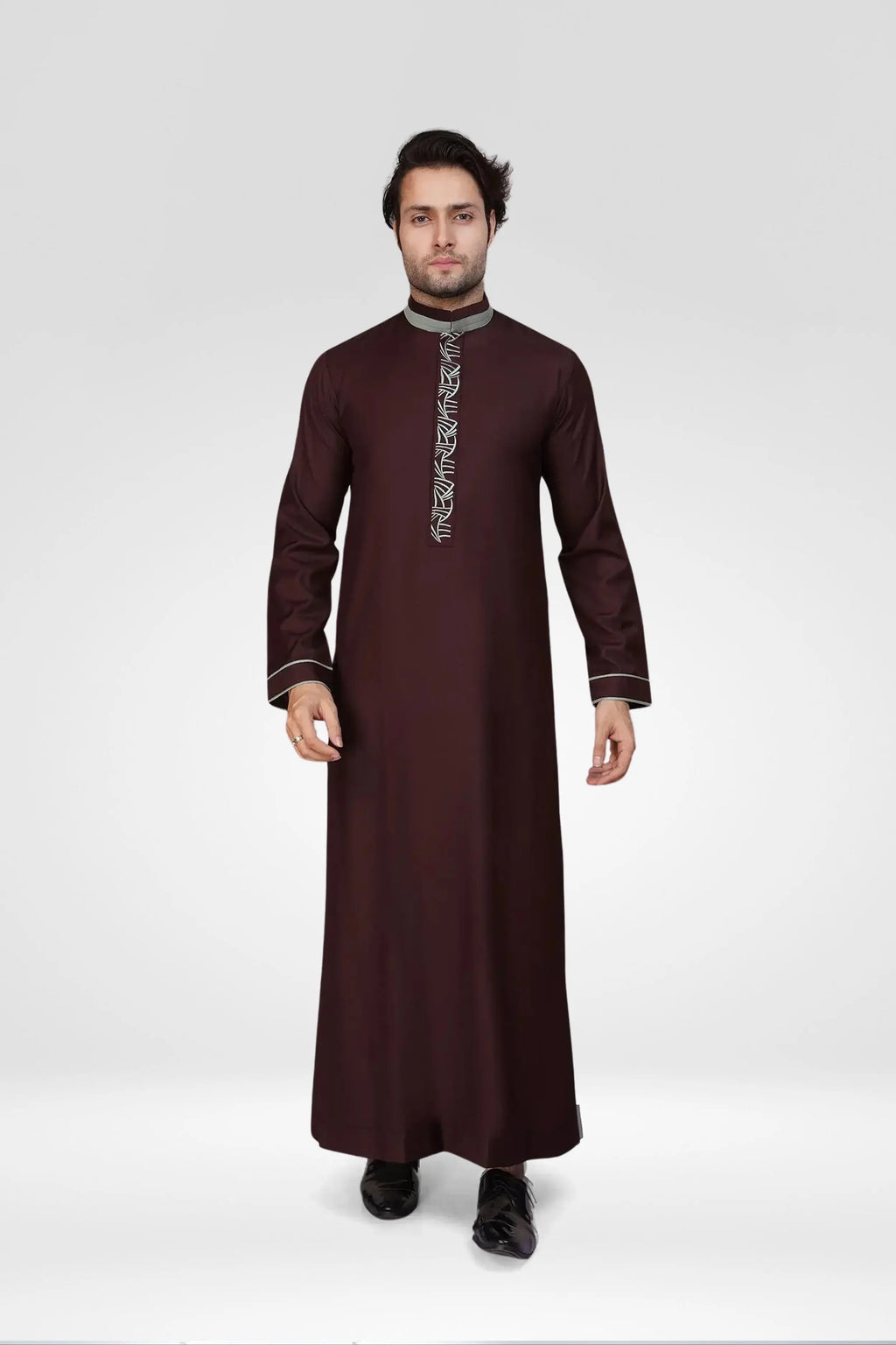 Burgundy Luxury Thobe With Collar & Grey Embroidery almanaar