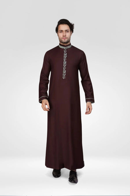 Burgundy Luxury Thobe With Collar & Grey Embroidery almanaar