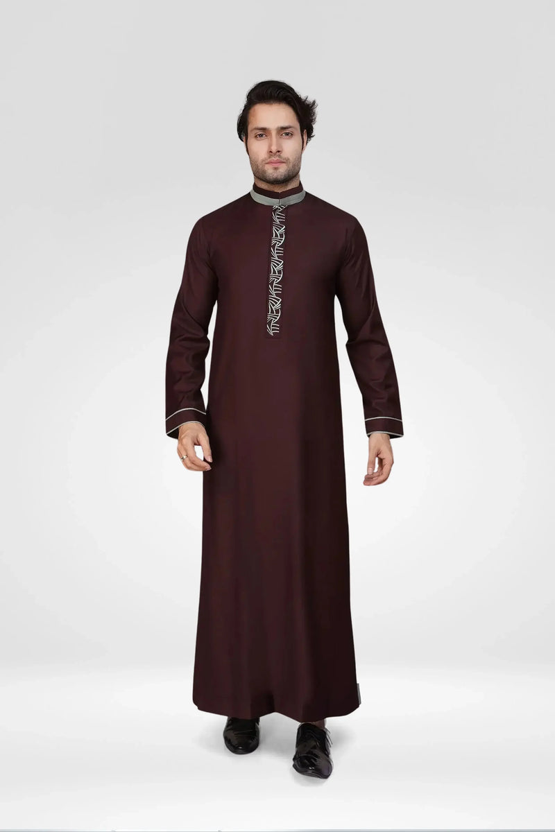 Burgundy Luxury Thobe With Collar & Grey Embroidery - almanaar Islamic Store