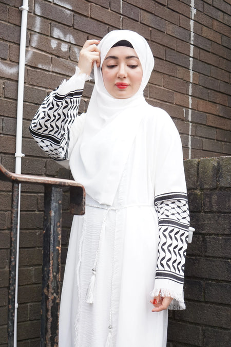 Palestinian Embroidery 3-Piece Open Abaya White almanaar