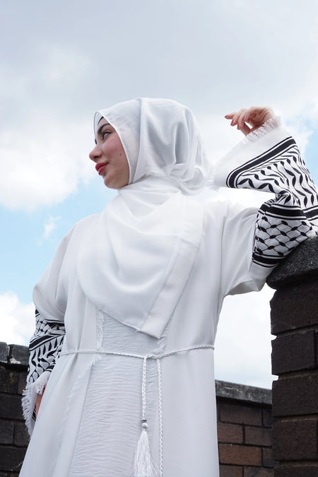 Palestinian Embroidery 3-Piece Open Abaya White almanaar