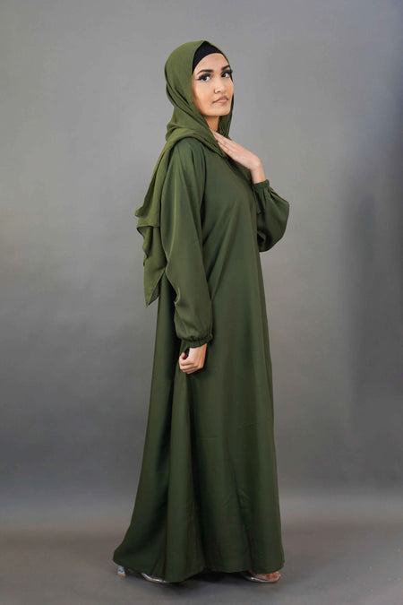 Plain Elastic Sleeve Abaya with Pocket – Premium Nidha Fabric (Olive Green)