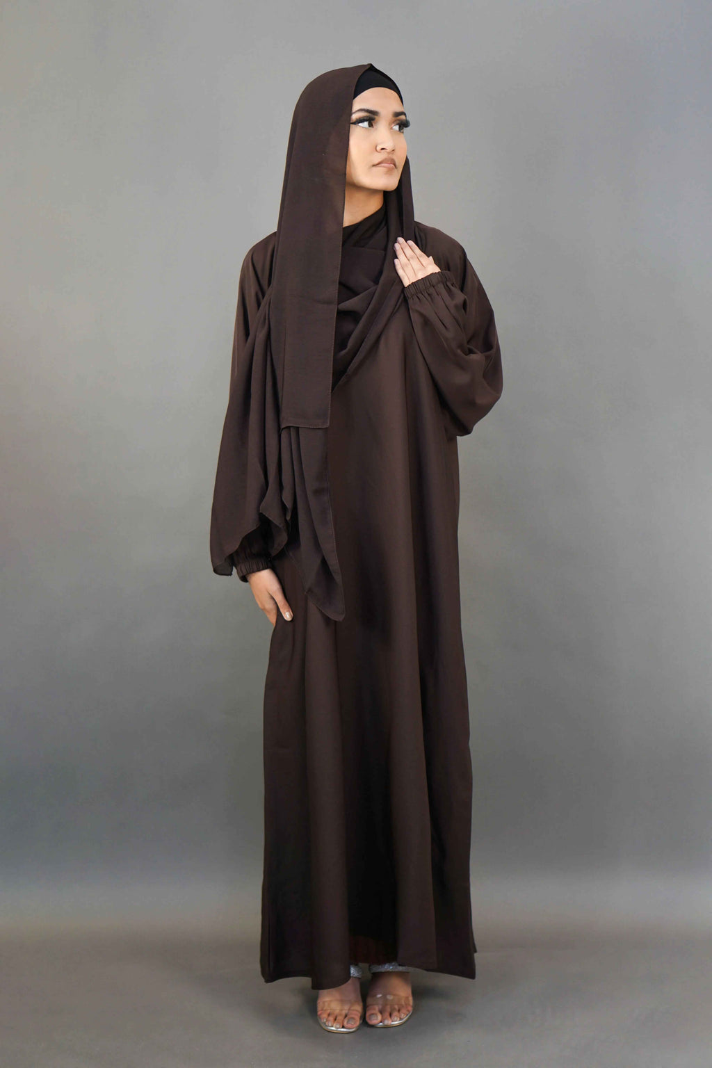Plain Elastic Sleeve Abaya with Pocket – Premium Nidha Fabric (Dark Brown)