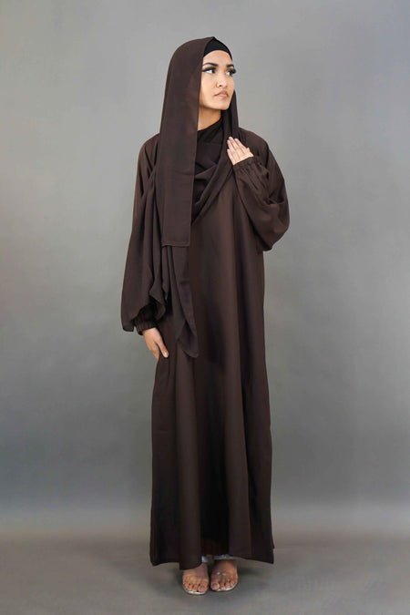 Plain Elastic Sleeve Abaya with Pocket – Premium Nidha Fabric (Dark Brown)