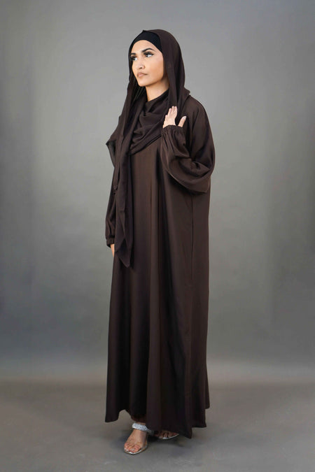 Plain Elastic Sleeve Abaya with Pocket – Premium Nidha Fabric (Dark Brown)