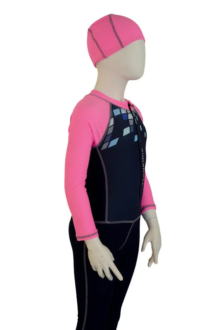 Girl's Zip-Up Two Piece Swimsuit - Color Clash Long Sleeve Surfing Suit with cap for Kids almanaar Islamic Store