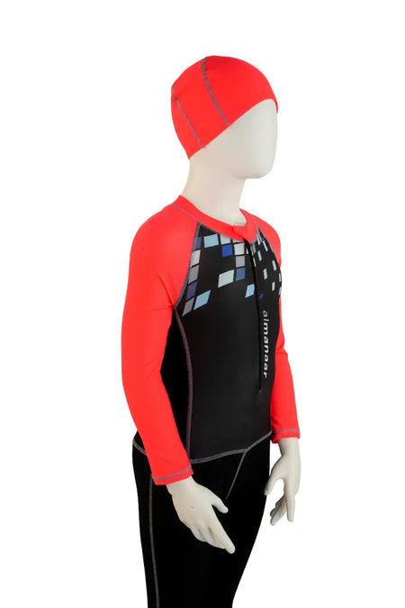 Girl's Zip-Up Two Piece Swimsuit - Color Clash Long Sleeve Surfing Suit with cap for Kids almanaar Islamic Store